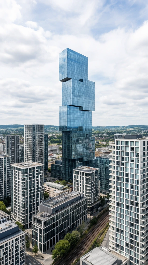 An aerial view of a sprawling modern cityscape anchored by a towering glass skyscraper with distinctive cantilevered sections resembling stacked blocks. The central high-rise dominates the skyline with a reflective blue facade and an asymmetrical silhouette. Surrounding it are dense contemporary high-rises featuring grid-like windows and white concrete balconies. Below the urban architecture, commercial buildings, green trees, and a curving railway line weave through the ground level, while gentle green hills span the distant horizon. Captured from a high-altitude perspective under a bright sky with textured white clouds, the architectural photography emphasizes clean lines, geometric contrast, and a cool palette of steel blues, crisp whites, and muted greens bathed in soft daylight.