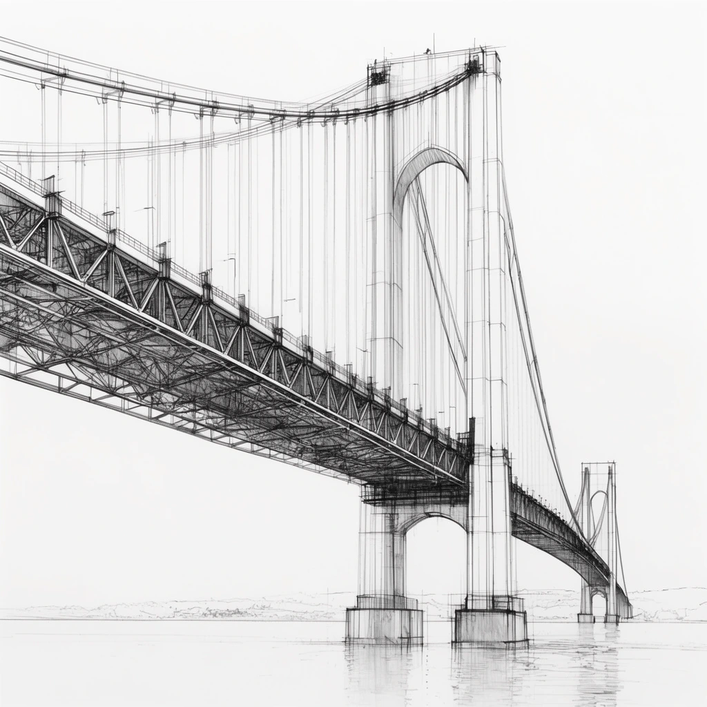 architectural line drawing of a massive suspension bridge, stark black ink on minimalist white background, two towering arched pillars, sweeping suspension cables, intricate diagonal deck trusses, solid base piers submerged in calm water, faint distant shoreline, precise technical illustration, low angle perspective, complex wireframe aesthetic