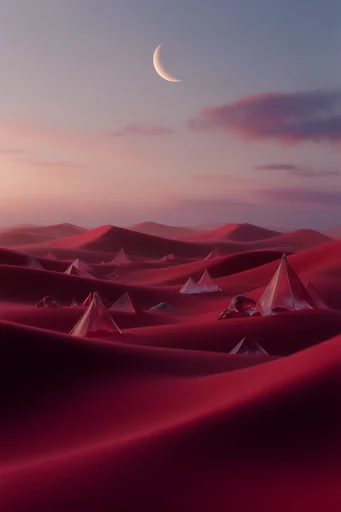 Surreal Crimson Sands style reference image — pastel twilight sky