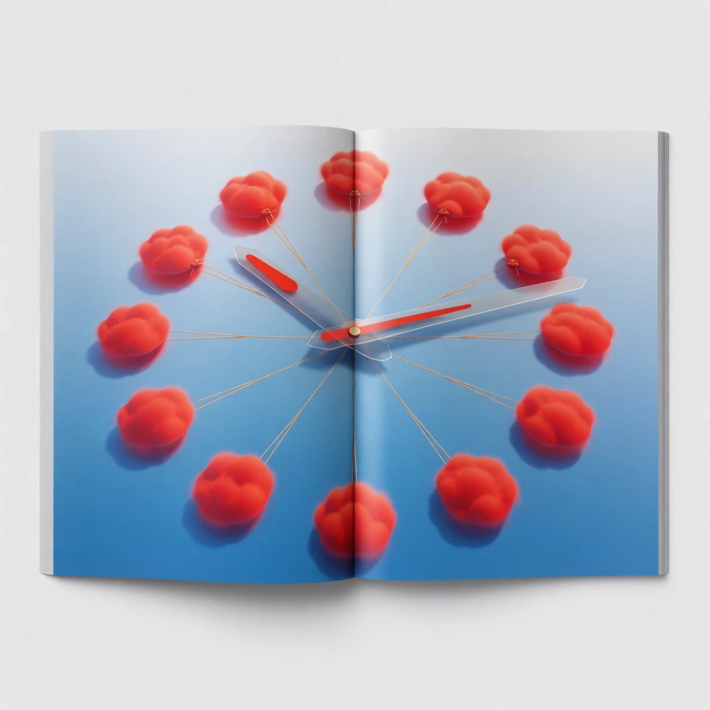 a minimalist clock face with twelve vibrant red circular markers and two sleek hands floating against a luminous pale blue sky gradient, low-angle perspective looking upward, bright sunlight creating sharp highlights on red surfaces, thin golden-tan threads subtly connecting the markers like delicate balloon strings, ethereal and airy atmosphere, high-end editorial brand aesthetic, clean layout with ample negative space, sharp focus, slight 35mm film grain texture