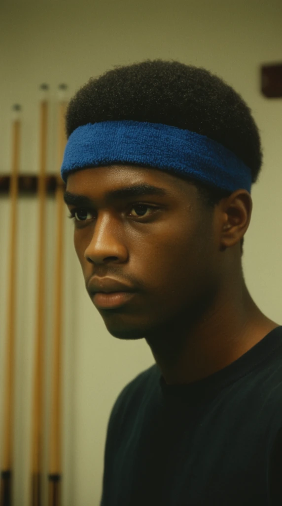 young Black man with a short afro wearing a blue sweatband and dark t-shirt, focused expression, blurred wooden pool cues on a pale wall behind, cinematic vintage film aesthetic, dim warm lighting
