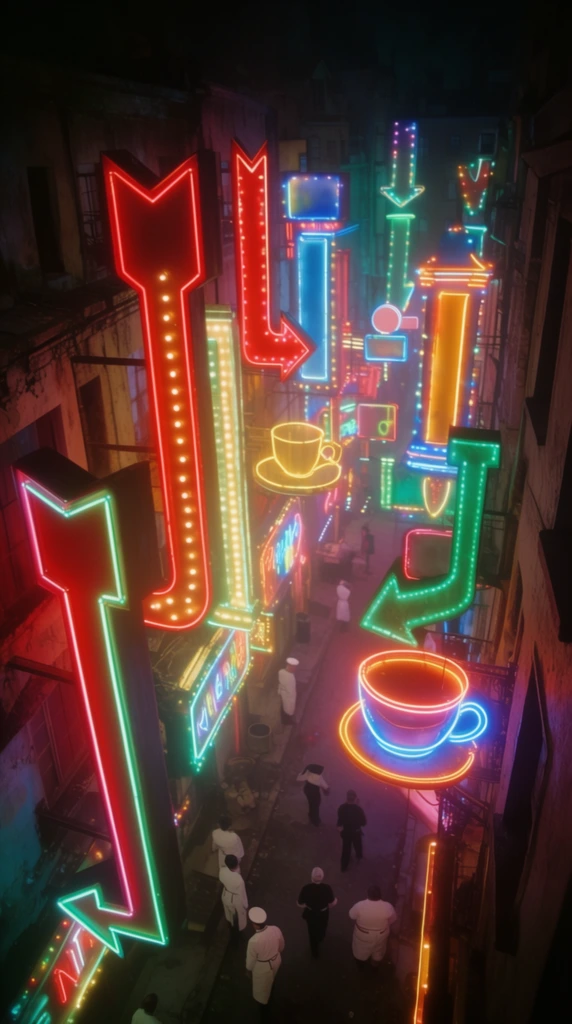 A high-angle view captures a narrow urban alleyway overwhelmed by a chaotic canopy of brightly colored neon signs protruding from multi-story buildings. Massive illuminated light boxes and shaped marquees in intense crimson, emerald green, glowing yellow, and electric blue feature giant arrows, tall vertical pillars, and an outlined teacup. Deep shadows cling to the surrounding architecture, contrasting with the intensely bright neon tubes. On the street level below, small figures in white uniforms and dark clothing navigate the passage, bathed in the ambient, multicolored glow. The cinematic scene features soft halation around the vivid lights, creating a moody, vibrant nightlife atmosphere.