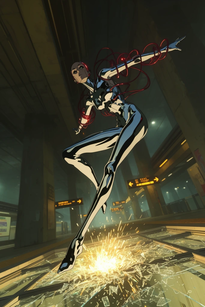 slender cybernetic assassin in a sleek chrome bodysuit, glowing crimson cables around their arms, leaping upwards in a high acrobatic jump, burst of bright yellow sparks and shattered glass erupting from a broken skylight below, vast dimly lit subterranean monorail station, towering concrete pillars, glowing amber directional lights, extreme low-angle perspective, 2D anime aesthetic, bold cel-shaded shadows, dynamic action framing, volumetric fog