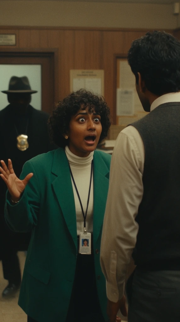 A South Asian woman with short curly hair and wide eyes throws her hands up in animated disbelief during a tense conversation. She wears an oversized emerald-green blazer over a white turtleneck with a clip-on ID badge, facing a tall man whose back is to the camera in a charcoal vest. The scene is a dimly lit, bustling municipal office with wood-paneled walls. In the blurred background, a shadowed figure wearing a fedora and metallic chest badge walks past a frosted glass door. The 35mm cinematic film still features warm grainy lighting, shallow depth of field, and a muted retro color palette emphasizing the chaotic high-energy mood of the bureaucratic setting.