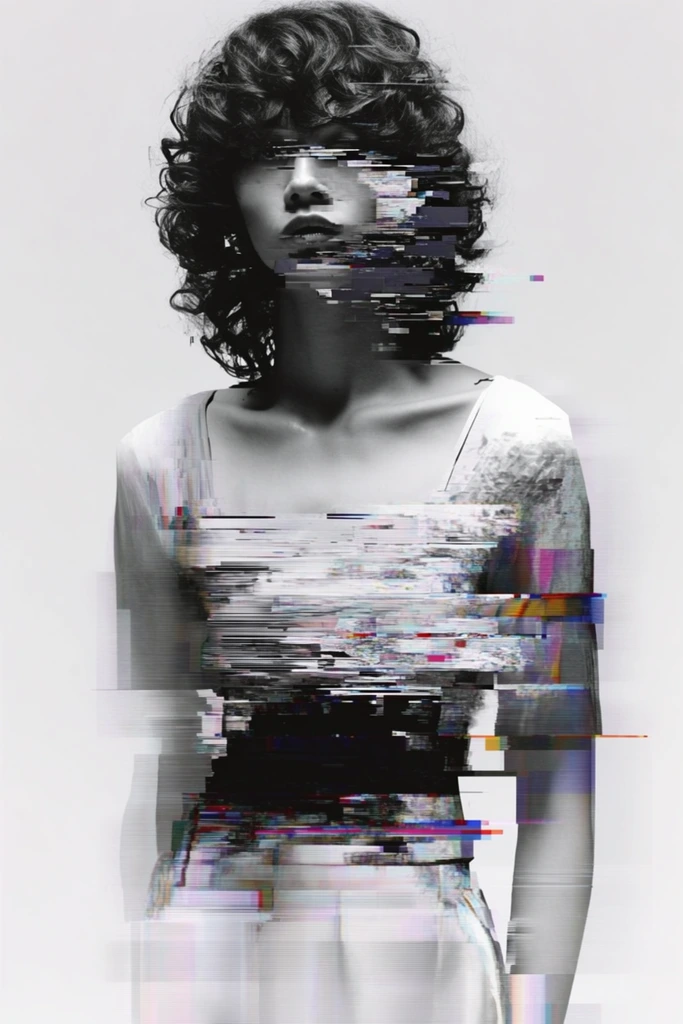 Monochrome Glitch Archive style AI image example 1