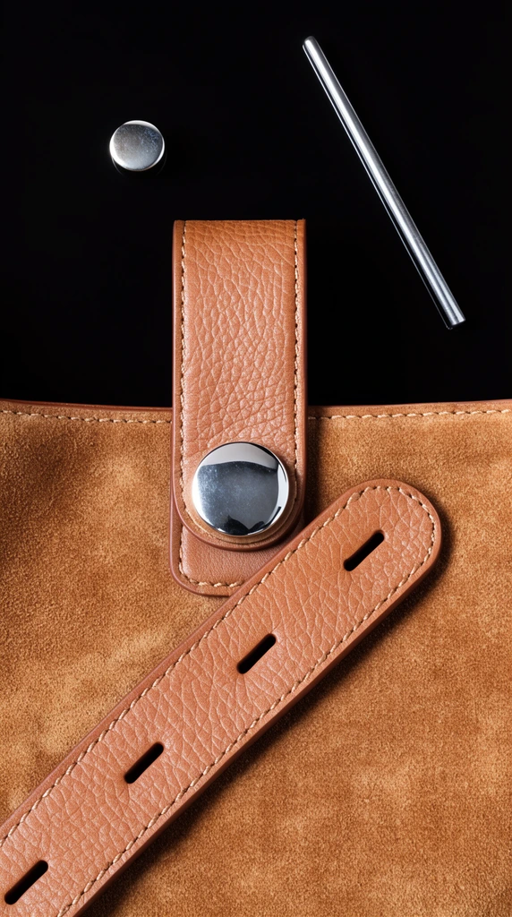 A top-down studio photograph of a deconstructed tan suede bag against a solid black background. A vertical grained leather strap attaches to the suede body with a large, polished silver button. An angled, unattached strap with keyhole-shaped slits rests across the bag. Floating above in the dark void are a small silver stud and a thin cylindrical metal tool. Sharp, high-contrast lighting highlights the rich leather textures and gleaming hardware.