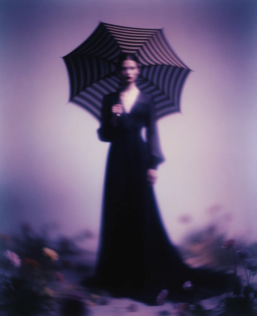 surreal high-fashion editorial, dreamlike ethereal blur, soft-focus grainy texture, deep violet and obsidian color palette, a centered woman in a long flowing dress, holding a striped umbrella behind her head like a graphic halo, scattered flowers on a hazy ground, atmospheric glowing aura, diffused lighting, mysterious avant-garde aesthetic, monochromatic contrasts, muted purple tones, soft-edged silhouette, cinematic film grain, minimalist composition.