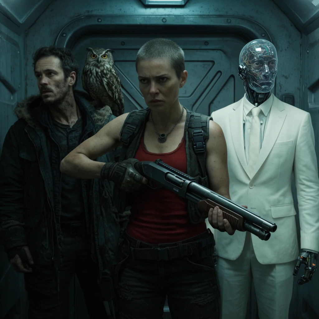 Three figures stand tensely inside a claustrophobic, metallic grey airlock bathed in cool cyan lighting. Centered, a rugged woman with a buzzcut in a tactical vest and red tank top aims a futuristic shotgun forward. To her left, a scruffy man in a dark parka glances sideways with an owl perched on his shoulder. On the right, a cyborg with a transparent, wire-filled skull stares blankly while wearing a pristine white suit. The medium-wide cinematic shot highlights their gritty alliance against stark metal walls.