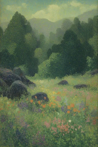 Ethereal Pointillist Storybook style reference image — dreamy atmosphere