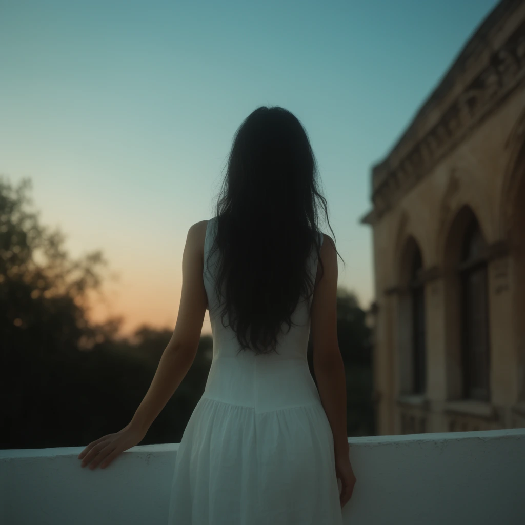 A woman viewed from behind stands at a white balcony wall, wearing a sleeveless white dress with long dark hair. Her hand rests on the ledge. The background reveals a smooth sky fading from blue to warm sunset hues, silhouetted trees on the left, and a tan building with arched details on the right. The cinematic shot uses soft diffused lighting, shallow depth of field, and a teal color grade.