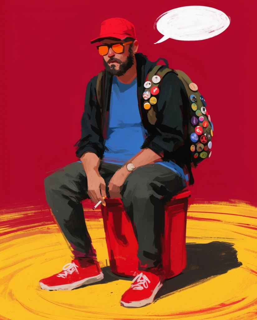 A digital painting of a bearded man sitting on a red container against a solid crimson background. He wears a red cap, orange sunglasses, a blue t-shirt, an open dark jacket, and red sneakers, holding a cigarette. His backpack is covered in colorful round pins. A white speech bubble floats above his head. The floor has sweeping yellow circular brushstrokes and a dark cast shadow. The artwork features loose, visible brushwork and high-contrast flat color blocking.