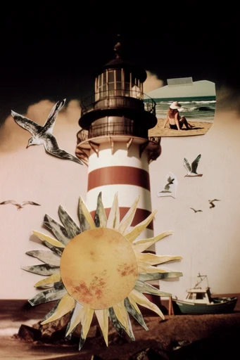 Tactile Surrealist Collage style reference image — graphic paper cutouts