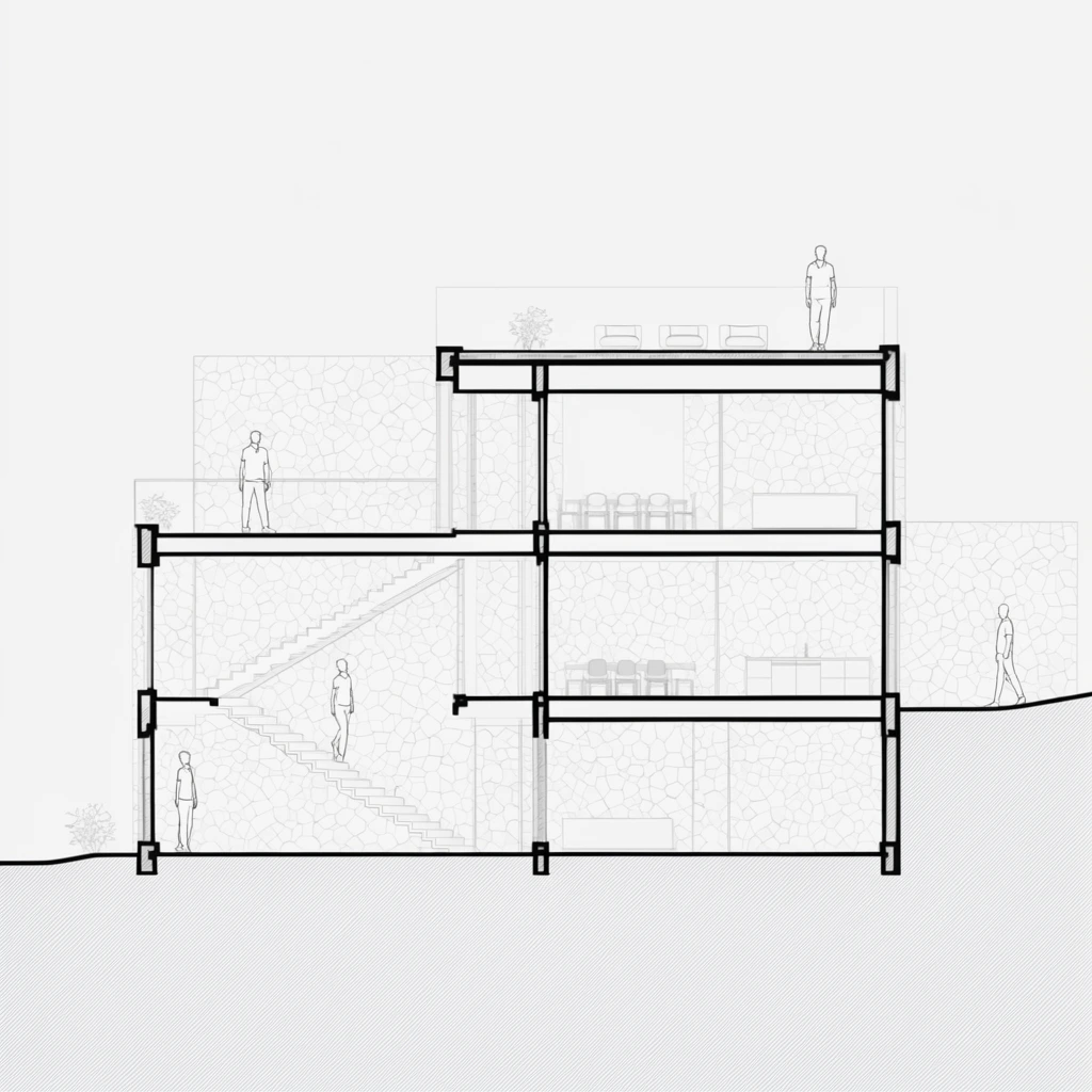 minimalist black and white architectural section drawing of a modern multi-level house, thick black structural cut lines, thin interior details of stairs and furniture, polygonal stone textures, flat roof terrace, human scale figures, sloped terrain, precise orthographic projection