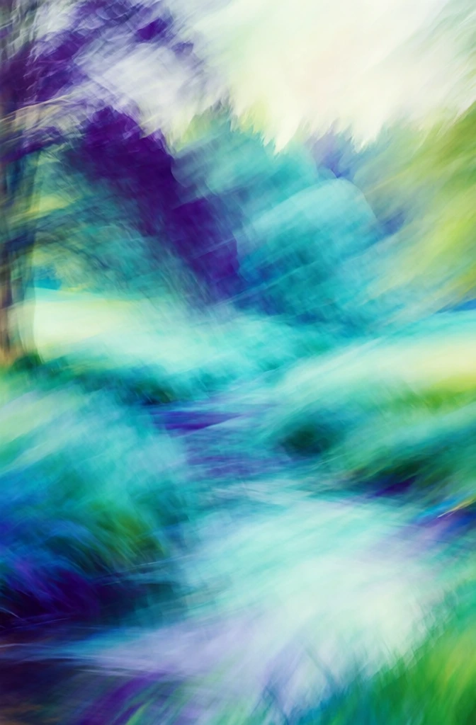 landscape of a narrow stream winding through a dense forest with large trees on banks and a background meadow, captured with intentional camera movement for heavy painterly motion blur, fluid diagonal streaks, vibrant palette of teal, deep indigo, violet, and acid green, ethereal light, long exposure aesthetic, dreamlike abstract impressionism, layered translucent color washes, soft blurred textures, organic forms dissolving into light, cinematic movement.