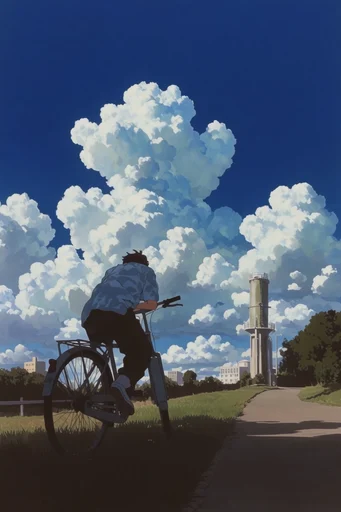 Nostalgic Surrealist Skies style reference image — deep cobalt blue sky