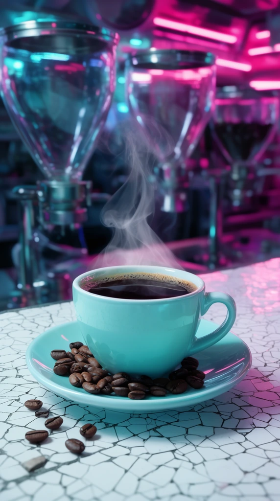light cyan ceramic cup of steaming dark coffee on a saucer, roasted beans scattered on saucer and cracked white tiled counter, rising vapor, blurred futuristic café background, glass hoppers, vibrant neon pink and cyan lighting, cyberpunk aesthetic, high contrast, shallow depth of field