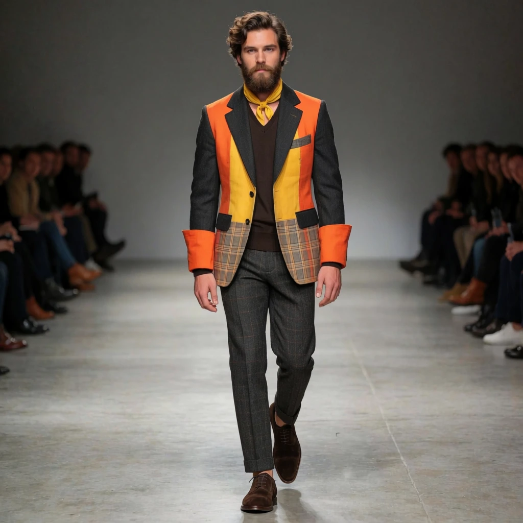 male runway model walking forward, wavy brown hair, full beard, avant-garde patchwork blazer with charcoal lapels, bright orange and yellow chest panels, plaid lower hem, wide bright orange cuffs, dark brown V-neck sweater, yellow neckerchief, charcoal grey grid-pattern trousers, dark brown suede oxford shoes, light grey polished concrete floor, blurred audience in background, soft even runway lighting, full body shot, photorealistic fashion photography, shallow depth of field