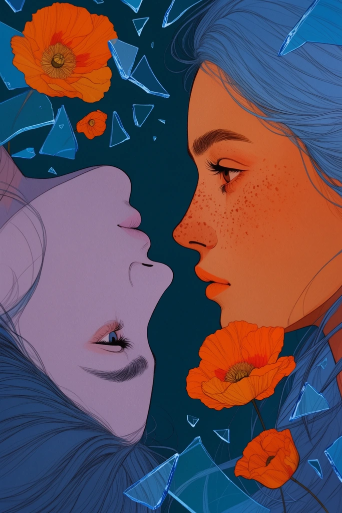 surreal 2D illustration, intertwining female faces making eye contact, floating orange poppies, shattered blue glass shards, upright face with warm freckled skin and flowing blue hair, inverted face with pale purple skin, deep teal background, warm orange and cool blue palette, delicate linework