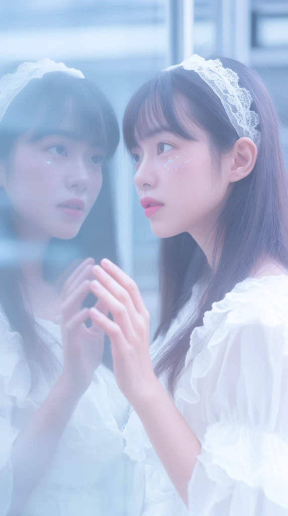 A young woman in a ruffled white dress and lace headband gazes at her hazy reflection in a glass pane. Standing in profile facing left, she has long dark hair with straight bangs, soft pink lips, and delicate glitter makeup scattered across her upper cheeks. Her right hand is raised with gently curled fingers touching the reflective surface, revealing a softer, three-quarter view of her face looking back. The composition utilizes dreamlike, ethereal portrait photography with a cool pastel color palette of icy blues, crisp whites, and muted pinks. A shallow depth of field and slightly overexposed, hazy lighting give the blurred architectural background and her translucent reflection a ghostly, atmospheric quality.