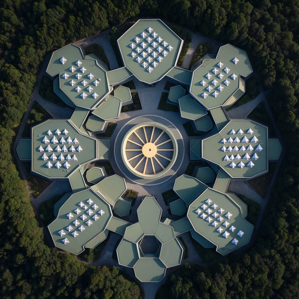 An aerial top-down perspective of a sprawling, geometrically complex architectural structure nestled within a dense forest of dark green trees. The highly symmetrical layout radiates from a large central circular courtyard featuring a spoked-wheel design with a pale yellow hub. Surrounding this core is an intricate network of interconnected hexagonal and polygonal flat roofs in muted sage green. Distinctive clusters of small, raised white triangular skylights form textured, repeating grids across several roof sections. Smooth grey concrete pathways connect the varied geometric wings. Sharp, elongated shadows cast by low-angle sunlight accentuate the crisp, angular modern architecture, creating a striking visual contrast between the rigid, fractal-like forms of the building complex and the soft, organic texture of the surrounding woodland canopy.