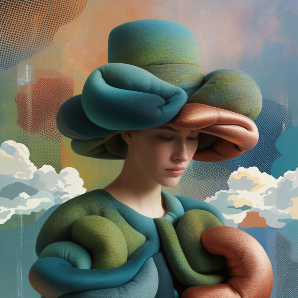 A woman wearing a hat rendered as a surreal mixed-media collage. The figure and hat feature voluminous, 3D padded fabric elements with deep sculptural folds and smooth gradients of teal, moss green, and copper. The layered composition combines photorealistic three-dimensional textures with flat graphic overlays. The backdrop is a painterly gradient intersected by abstract halftone patterns and crisp stylized clouds. Directional studio lighting highlights the heavy woven textures and soft biomorphic volumes against the multi-layered, highly textured environment.