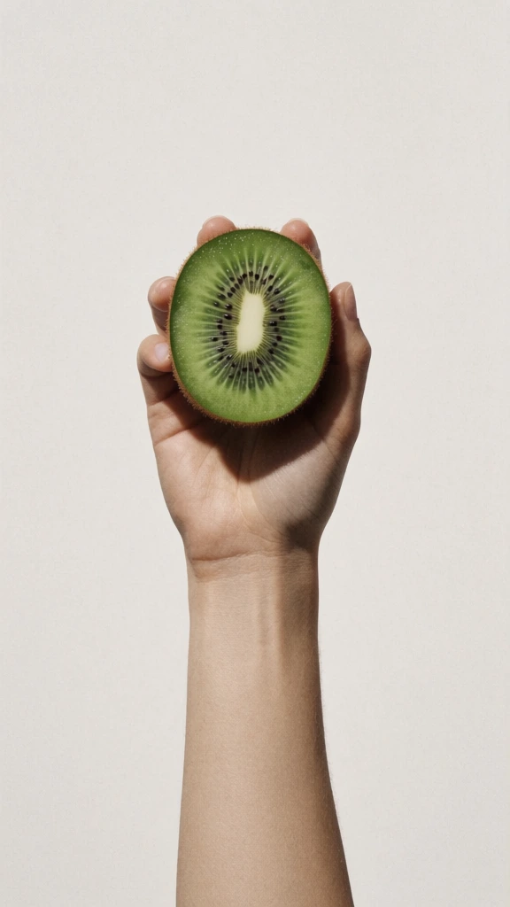 a human arm extending vertically from the bottom center holding a halved kiwi fruit with its vibrant emerald cross-section facing forward, captured in a clinical high-fashion studio style, dead-center symmetrical framing against a flat neutral off-white backdrop, hard yet controlled top-down directional lighting with subtle micro-shadows, ultra-sharp macro detail on the interior seeds and fuzzy skin, fine film grain, muted skin tones, medium format digital aesthetic.