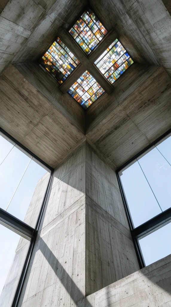 low angle view of a soaring brutalist interior, textured board-formed concrete walls, cross-shaped ceiling skylight with multi-colored stained glass, large clear windows revealing a pale blue sky, black metal frames casting stark diagonal shadows, bright natural daylight, minimalist architectural photography, symmetrical perspective