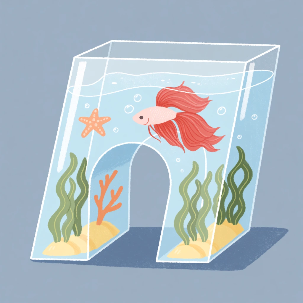 transparent angled glass arch aquarium with a central bridge and circular cutout, water-filled interior, stylized pink betta fish with flowing red fins, white bubbles, orange starfish on the inner wall, wavy green seaweed rooted in yellow mounds inside both base legs, orange coral branch, solid muted blue-grey background, dark blue floor shadow, whimsical 2D digital illustration, pastel palette, chalk-like textures