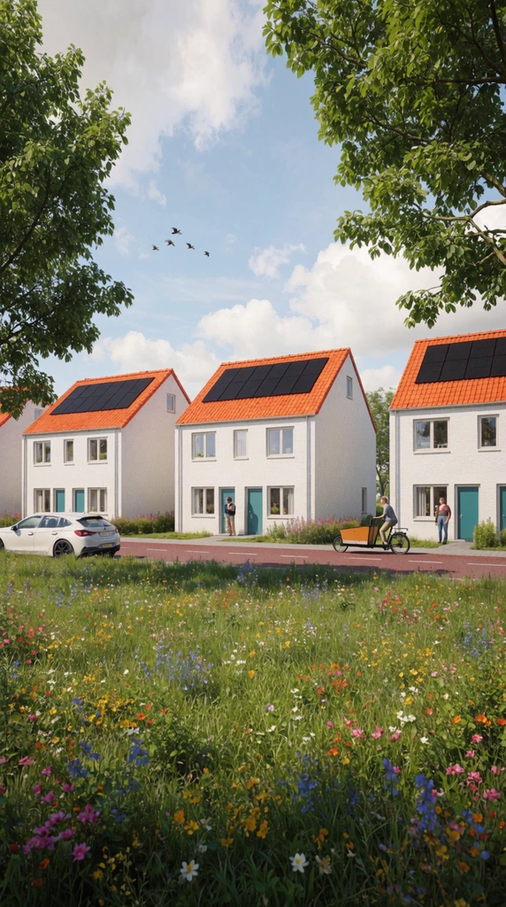 Three white two-story houses with bright orange pitched roofs and black solar panels line a reddish paved road behind a vibrant green meadow dotted with colorful wildflowers. Leafy trees frame this bright architectural rendering, featuring a parked white car, a cargo cyclist, residents near teal doors, and birds flying in a partly cloudy blue sky.