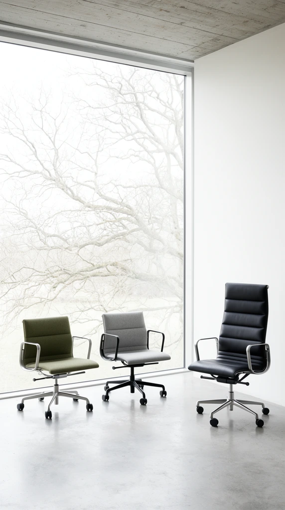 Three modern office chairs rest on a polished concrete floor inside a minimalist architectural space. By a floor-to-ceiling window sits a low-backed olive green fabric chair with silver hardware alongside a similar grey chair with a black frame. On the right, a high-backed black leather chair with horizontal channel tufting and silver casters stands near a stark white wall. The expansive window frames a pale, overexposed winter landscape of sprawling bare tree branches. Soft, diffused natural light illuminates the high-key scene, highlighting the austere, clean lines of the room and an exposed concrete ceiling.