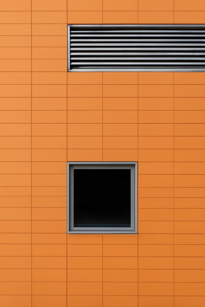 minimalist architectural facade, flat orange rectangular panels, dark square window with grey frame, horizontal slatted metal vent, straight-on perspective, clean geometric composition