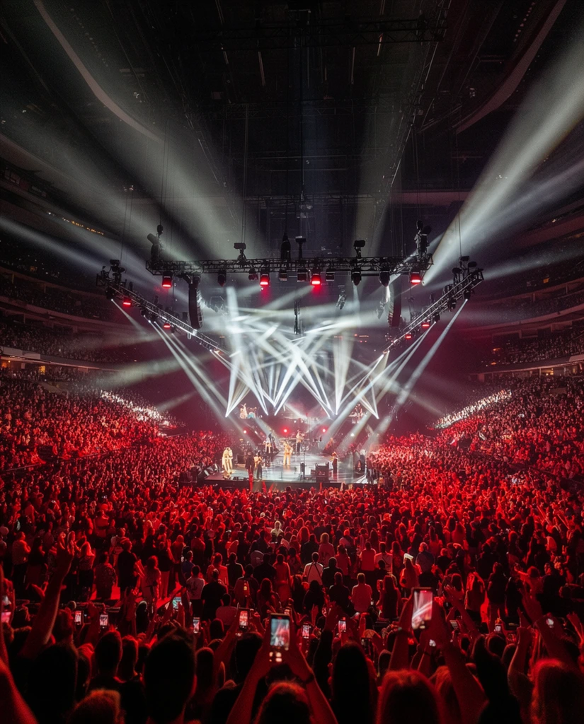 A massive indoor arena packed with thousands of concertgoers surrounding a brightly illuminated central stage. Piercing white spotlights shoot from a sprawling suspended rig, cutting through atmospheric haze to form striking geometric beams. The floor-level crowd is bathed in a vibrant red glow, contrasting with tiered seating rising into shadowed upper levels. Foreground silhouettes raise arms and glowing smartphones toward the distant performers. The wide-angle composition captures the sweeping scale and dramatic lighting of the live music event.