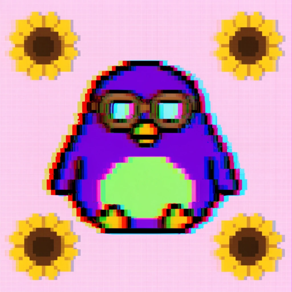 A rotund pixel-art penguin sits centered on a pale pink pixel grid, rendered with a severe retro digital glitch aesthetic. The chubby purple bird features a neon green belly and aviator goggles, its rounded shape outlined in black. Aggressive red and cyan horizontal chromatic aberration offsets the outline, creating a vibrant stereoscopic 3D distortion. Framing the strictly symmetrical composition are four pixel-art sunflowers with dark brown centers in each corner. The entire scene is built on a uniform square grid, merging classic 8-bit video game graphics with energetic vaporwave glitch art.