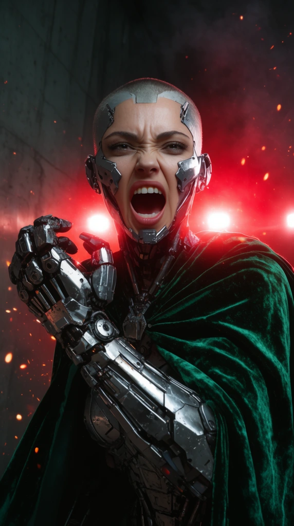 fierce female cyborg warrior shouting intensely, shaved head with silver facial plates, emerald green velvet cape, raised hand with heavy steel gauntlet, bright crimson backlighting creating lens flares, airborne glowing embers, dark smoky background, brutalist concrete walls, cinematic low angle, atmospheric sci-fi photography