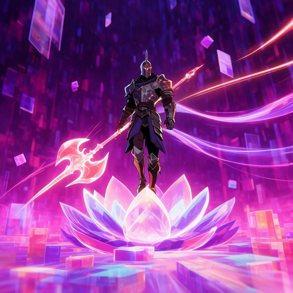 stylized cel-shaded animation, lone armored knight with energy halberd, standing on a glowing crystal lotus, luminous neon magenta and amethyst digital void, sweeping energy ribbons, floating geometric prisms, depth of field, vibrant volumetric lighting, epic low angle perspective