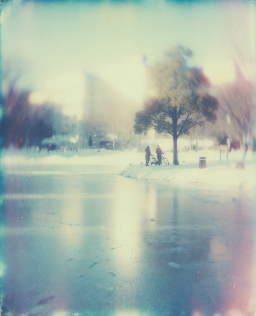 dreamlike vintage polaroid aesthetic, soft hazy focus with cinematic grain, cool cyan and pale yellow color palette with subtle magenta undertones, individuals in a wide snow-covered park next to a bicycle and a lone tree, glowing atmospheric lighting with a soft bloom effect, reflective frozen ground mimicking a polished floor, ethereal and contemplative mood, high-key highlights with deep shadows, shot through a distorted lens, lomo photography style, low fidelity film grain textures.