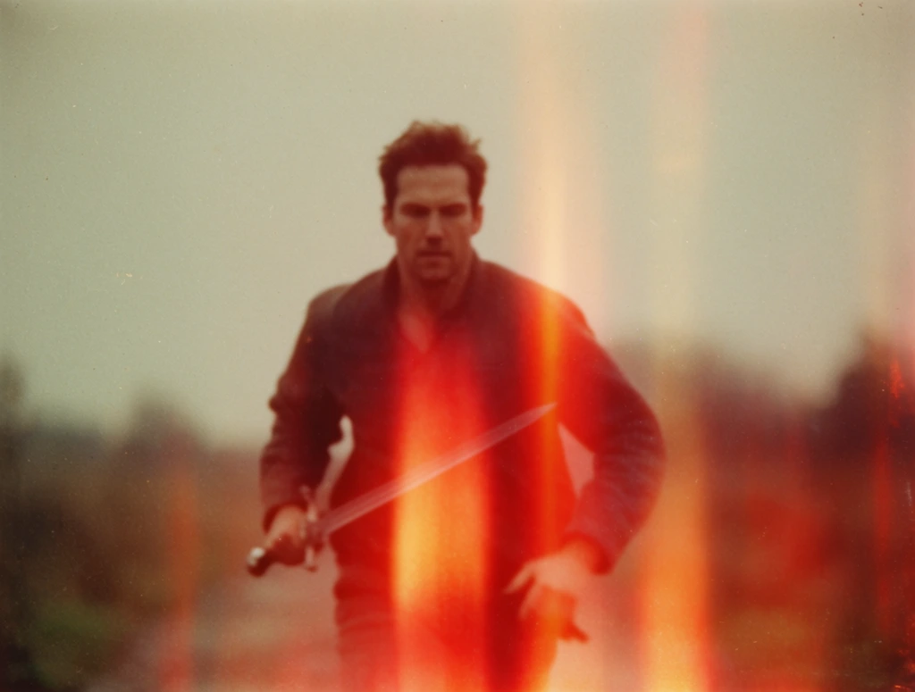 A man running forward grasping a sword, positioned centrally within a square-format analog film photograph. Intense, luminous red and orange light leaks streak vertically across the man's figure and the lower half of the frame, overlaying bright, translucent light burns onto the subject. The environment features hazy, flat, overcast lighting, establishing a low-contrast color palette of muted earth tones and a pale, solid sky. A shallow depth of field renders the background landscape as soft, diffused shapes behind the runner. Heavy organic film grain, a generally soft optical focus, and warm halations texture the entire composition, creating a distinctly vintage, lo-fi photographic aesthetic with chemical emulsion imperfections.