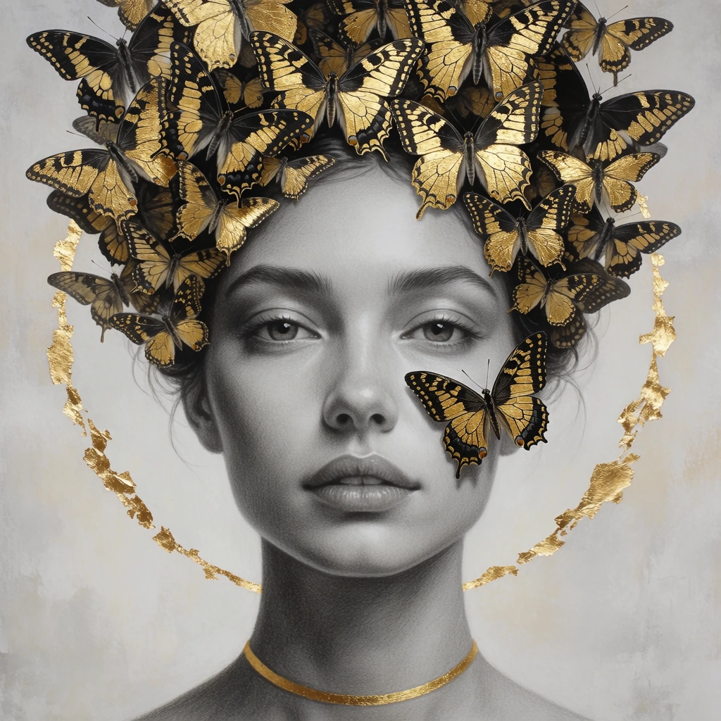 A serene woman rendered in smooth monochromatic grayscale gazes directly forward with a calm expression. A dense swarm of intricately detailed butterflies forms a voluminous crown of hair, their wings vividly patterned in black and metallic gold. A single matching butterfly rests gently on her left cheek. A delicate circle of textured gold leaf creates a halo behind her head, visually paired with a thin gold choker encircling her neck. The background is a soft, textured pale gray canvas. The perfectly centered close-up composition emphasizes the stark contrast between the photorealistic graphite shading of the facial features and the luminous, gilded accents of the surreal, mixed-media fantasy elements.