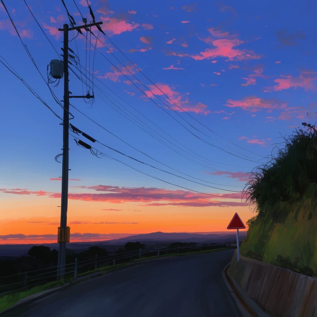 Twilight landscape painting of a vibrant sky transitioning from deep blue to bright orange with scattered pink clouds. An asphalt road curves right, flanked by a grassy retaining wall and a red triangular traffic sign. A tall utility pole with sweeping power lines dominates the left frame against the glowing sunset horizon.