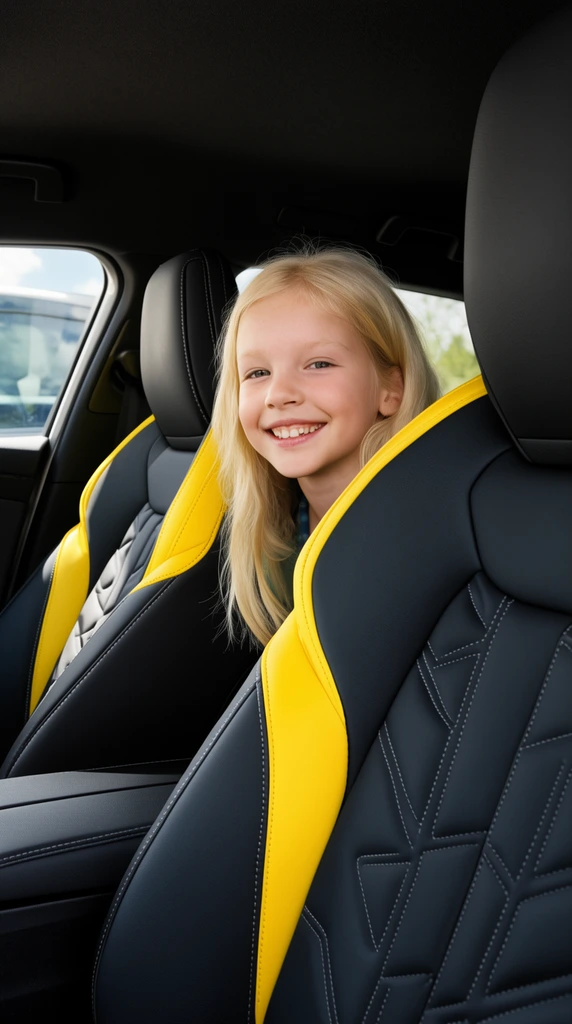 smiling blonde girl peeking between modern black leather car seats, bold yellow side bolsters and geometric stitching, car interior, daylight through side window, crisp commercial photography
