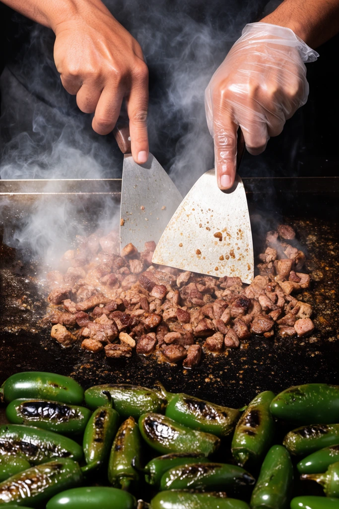 hands wielding metal spatulas on a smoking flat top grill, clear plastic glove, sizzling chopped meat, charred whole green jalapeños, thick white steam, dark seasoned griddle, dynamic high-contrast food photography