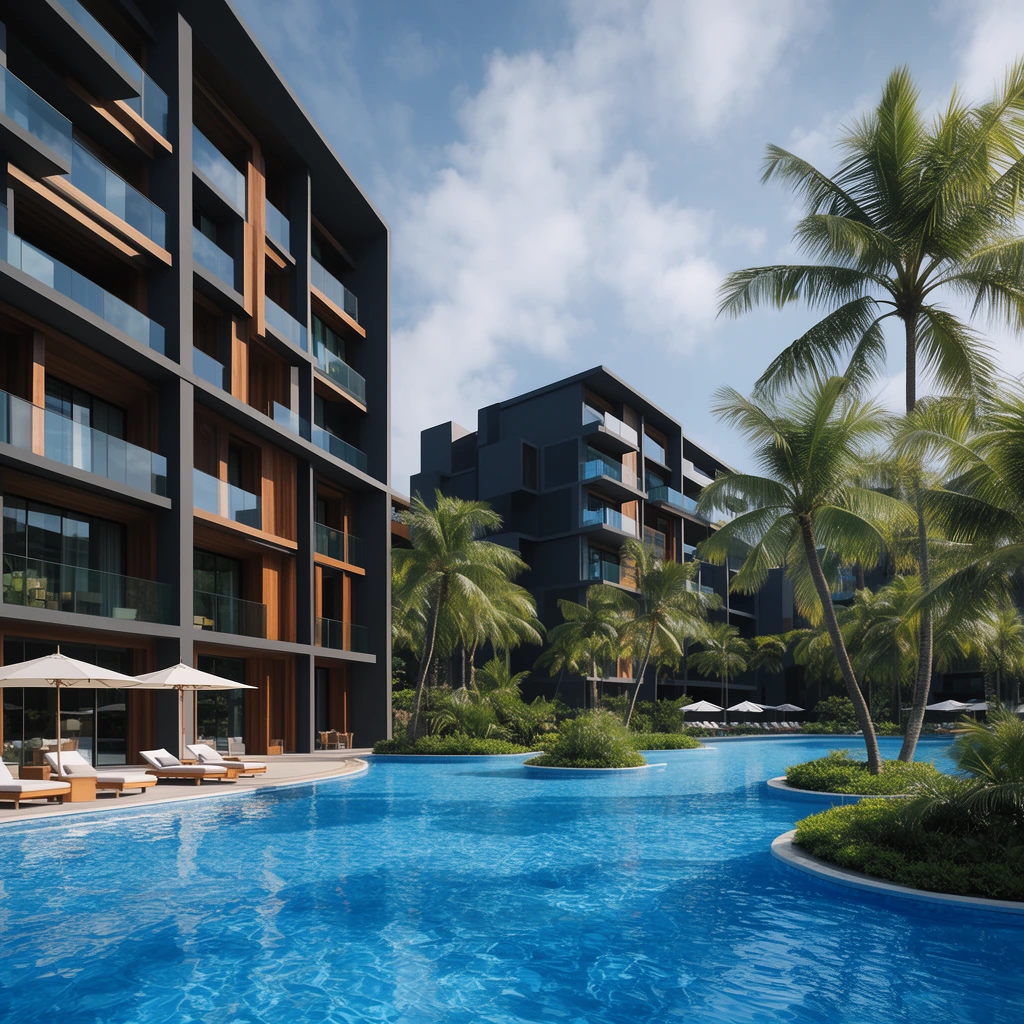 Multi-story dark gray resort buildings with warm wood accents and glass balconies frame a bright blue, winding swimming pool. Lush palm trees and small green islands border the rippling water under a partly cloudy sky. Crisp sunlight casts sharp shadows across the geometric facades, reflecting on the azure surface alongside a patio with sun loungers and umbrellas.