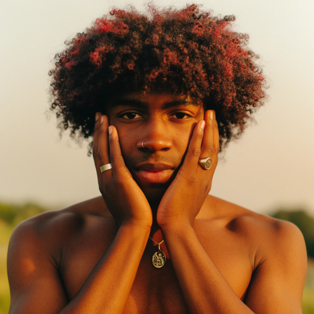 A close-up portrait of a shirtless young Black man with voluminous curly hair looking directly into the lens. He rests both hands gently against his cheeks, framing his calm face. Golden hour sunlight highlights his warm skin and the reddish tips of his hair. He wears a small nose hoop, a plain band on his right hand, a signet ring on his left, and a metallic pendant necklace. The background is a hazy, out-of-focus pale sky above a soft natural landscape. The image features a warm editorial film photography style with rich tones, soft shadows, and subtle grain.