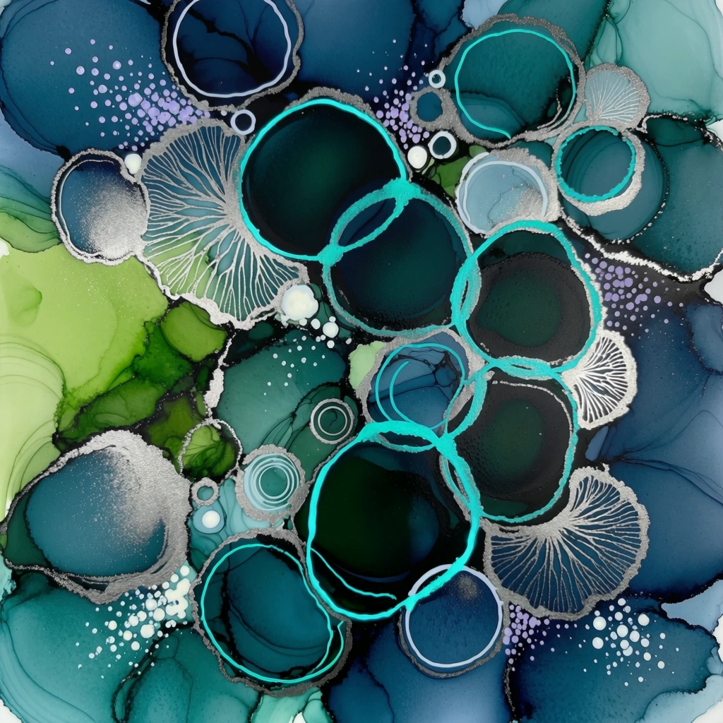 An abstract alcohol ink painting features a dense, fluid composition of organic, cell-like shapes in a palette of deep teal, emerald green, and navy blue. Large, dark amorphous cells dominate the center and right side, many of which are emphasized by thick, glowing outlines of vibrant neon cyan. Intricate, fine lines in metallic silver and white trace the edges of other shapes, some containing internal patterns of concentric rings or delicate, radiating lines similar to coral or fingerprints. A bright wash of lime green occupies the middle-left area, blending seamlessly into darker mossy tones and teals. Scattered across the composition are clusters of tiny white and lavender dots that resemble bubbles, spores, or stars against the deep blue backgrounds. The textures are varied, showing the characteristic bleeds, soft gradients, and sharp edges of alcohol ink on a non-porous surface. The perspective is a flat, top-down view, creating a biological or marine-like aesthetic reminiscent of a microscopic slide or an aerial view of a tropical reef. The lighting appears internal, with the metallic silver and neon cyan elements providing a shimmering, high-contrast effect against the darker, translucent layers of ink.