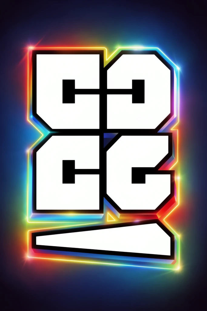 large interconnected blocky geometric forms, bright white inner faces, thick black borders, outer glowing neon stroke transitioning from cyan through yellow to red, 3D extruded depth effect, hovering over a horizontal tapered geometric shape, matching neon rainbow gradient outline, bright lens flares on the edges, dark navy vignette background, vibrant atmospheric color glow