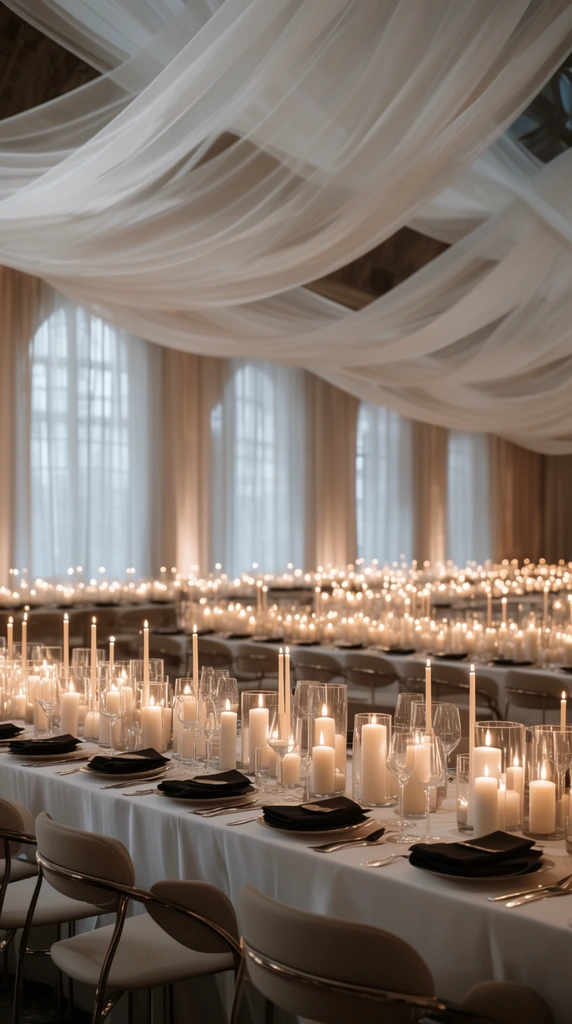 endless parallel banquet tables set for a formal dinner, crisp white tablecloths, dark folded napkins, clear wine glasses, abundant glowing white pillar and taper candles in glass cylinders, modern beige chairs with metallic frames, ceiling dramatically draped with sweeping sheer white fabric, tall arched windows with translucent curtains, warm ambient candlelight, shallow depth of field, elegant romantic atmosphere