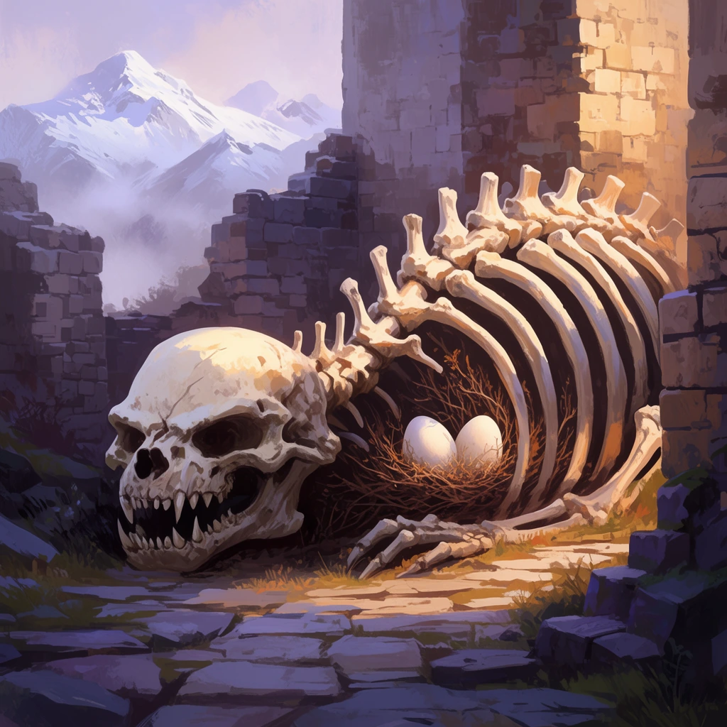 A colossal bleached monster skeleton blocks a stone pathway beside ruined castle walls. The massive skull rests flat, while a nest of dried brush holding two large white eggs sits within the exposed ribcage. Snow-capped mountains rise in the misty background. Warm sunlight highlights the right-side bones and masonry against cool purple shadows in a painterly digital concept art style.