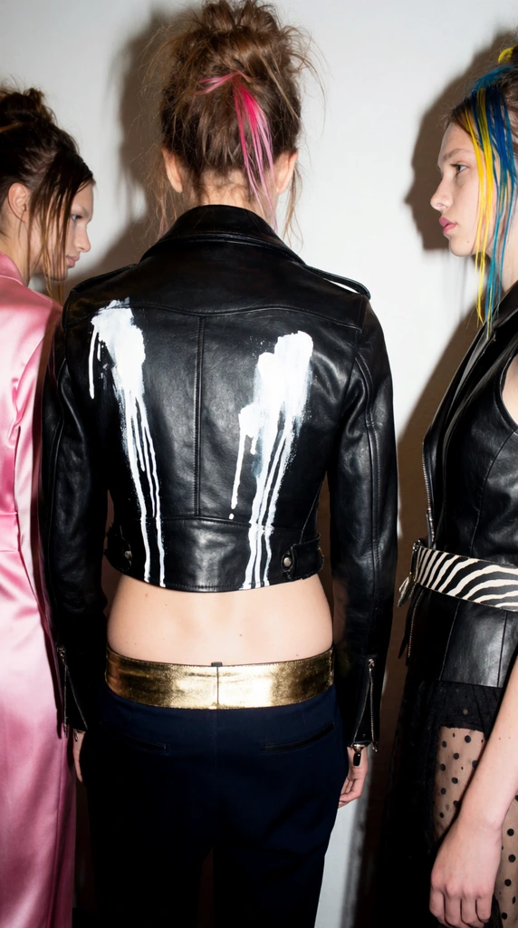 backstage fashion photography of three models, central figure viewed from behind wearing a black leather moto jacket with thick white paint streaks on the back, exposed lower back, low-rise dark pants with a wide gold waistband, messy updo hair with pink highlights, left model in a glossy pink satin garment, right model in profile wearing a black leather vest with a zebra-striped belt and sheer polka dot fabric, blue and yellow hair streaks, harsh direct flash lighting, bright white walls with sharp drop shadows, avant-garde styling