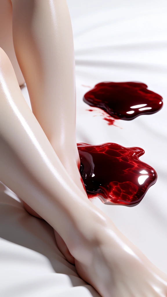 close-up macro of smooth pale translucent legs resting on a pristine white bedsheet, two distinct viscous high-gloss blood stains with sharp refractive caustics, ultra-minimalist aesthetic, high-key sterile studio lighting, monochromatic achromatic palette, ray-traced liquid materiality, clinical precision, soft depth of field, sharp specular highlights, pristine white-on-white composition, caustic light patterns, smooth organic curves, hyper-clean cgi rendering quality, airy atmosphere.