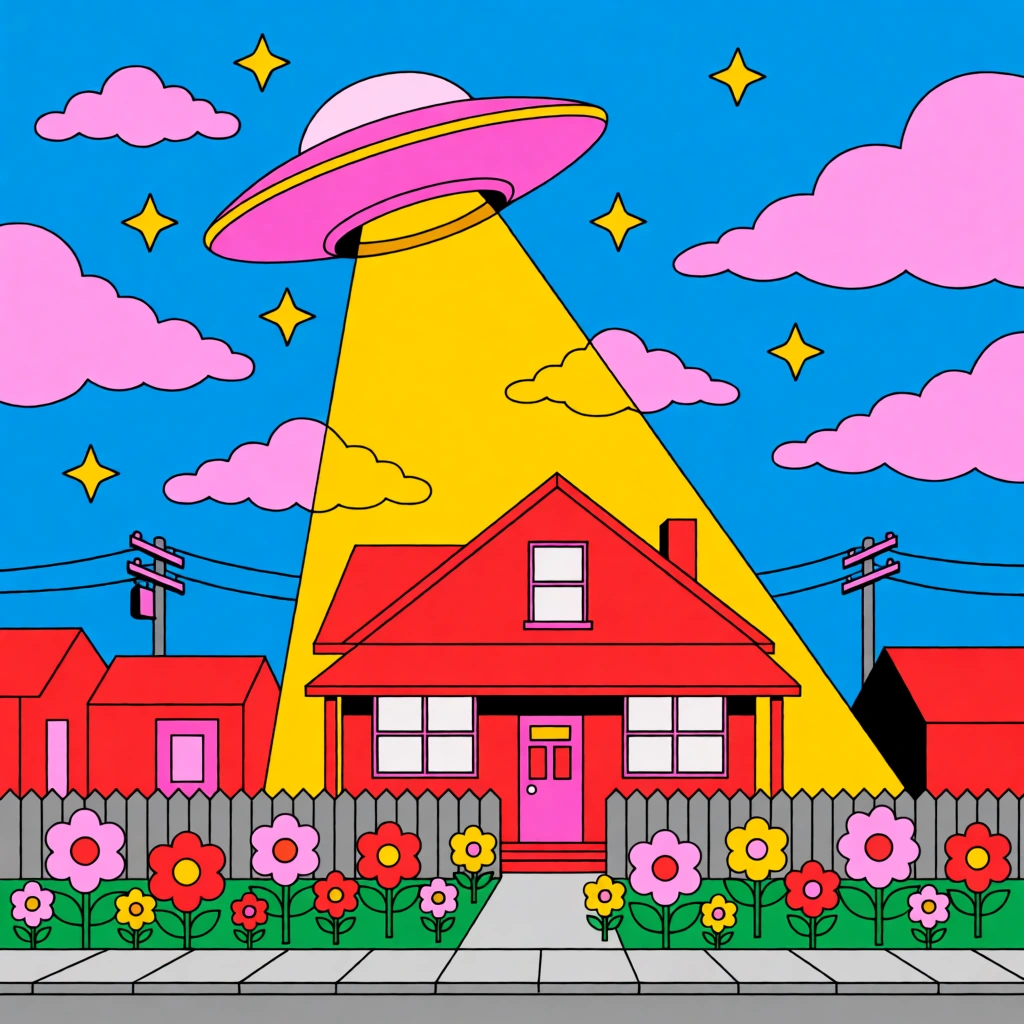 A pop-art illustration of a pink flying saucer projecting a yellow tractor beam onto a red house. The blue sky features puffy pink clouds and yellow stars. A sidewalk in the foreground is lined with oversized pink, red, and yellow flowers. A gray fence, telephone poles, and red buildings stand behind the house. The artwork uses flat vibrant colors and bold black outlines.